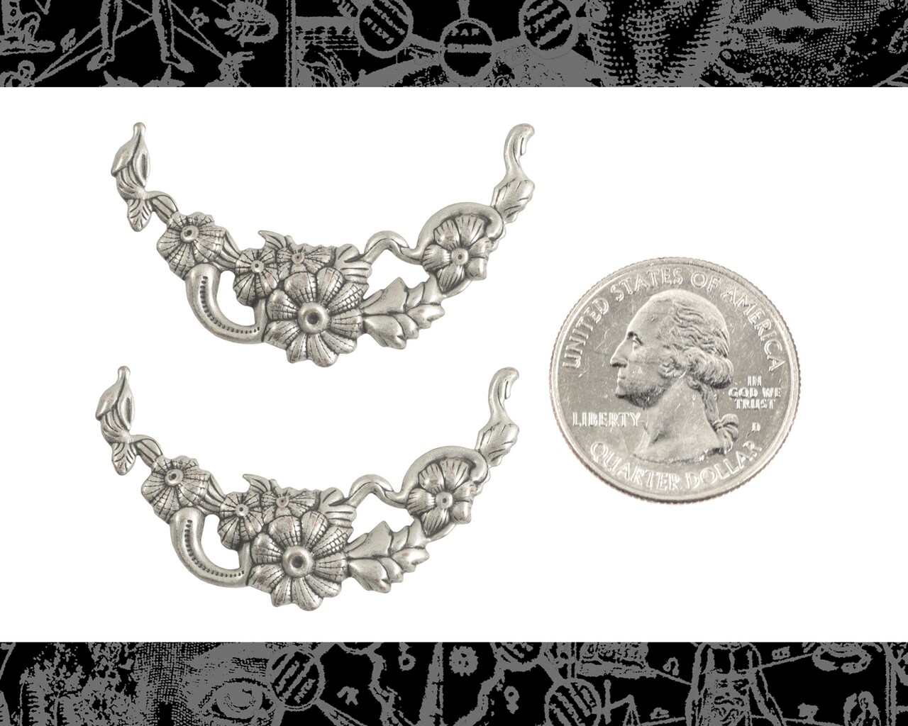 Antiqued Silver Plated Brass Floral Crescent Wrap or Pendant -Set of Two - S-P123